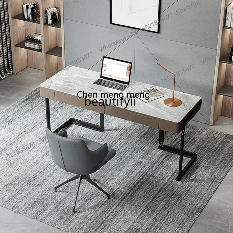 ss7486 Italian Minimalist Stone Plate Light Luxury Study Desk Modern Minimalist Writing Desk Bookcase Integrated Home