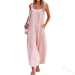 Women's Floral Printed Jumpsuit Sleeveless Relaxed Tie Shoulder Square Neck Wide Leg Pants Casual One-Piece Pants With Pockets