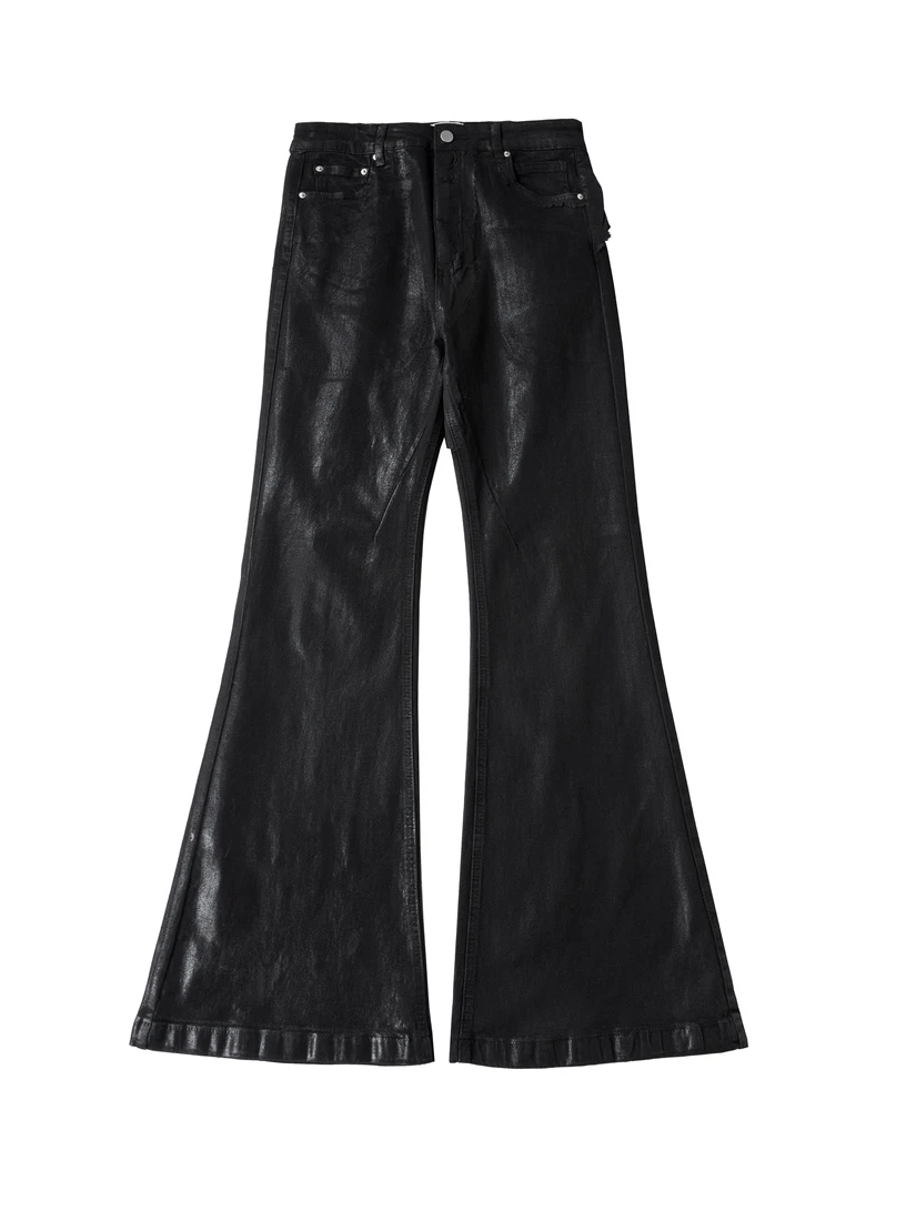 

24SSRO Style Men's Micro Flared Jeans Black Vinyl Coated Dragging Wax Pants Street Hip Hop Trendy Brand Youth Summer Jeans