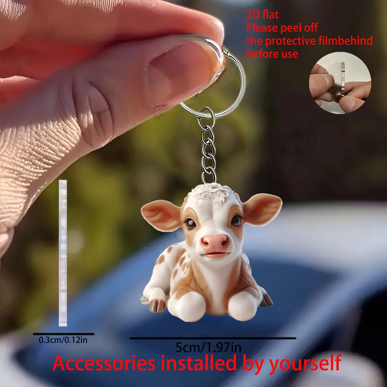 2D Cute Cow Pendant Acrylic Car Rearview Mirror Ornaments Creative Car Interior Additions Backpacks Keychains Home Decorations