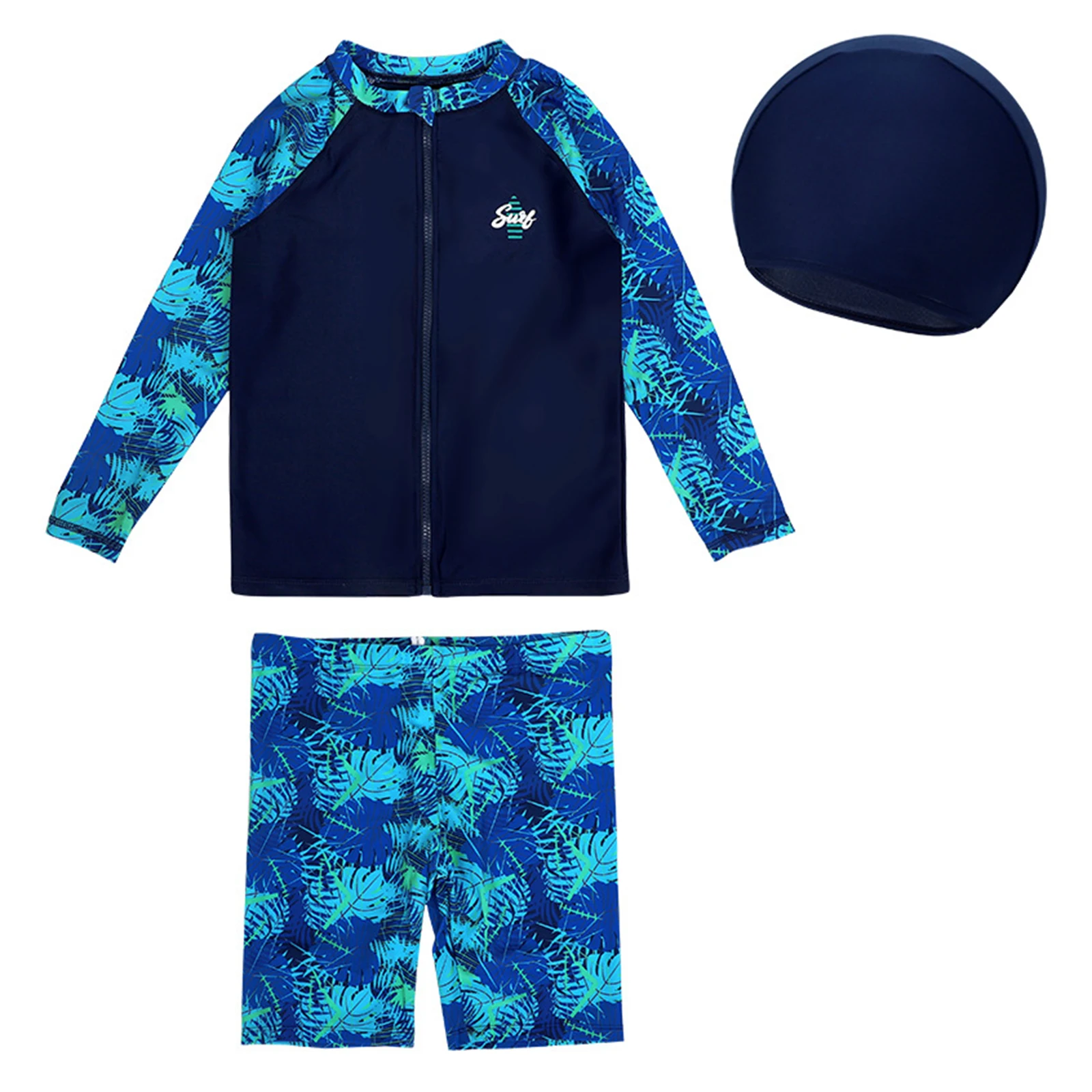 Children Boys Sunscreen Swimsuit Swimwear Long Sleeve Zipper Top with Shorts Hat Rash Guard Wetsuit Beach Pool Bathing Suit