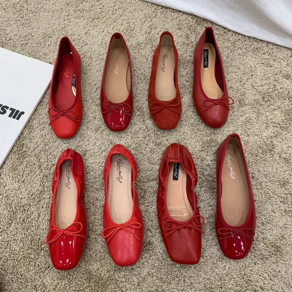 Zapatos MujerRetro Ultra-soft Women Shoes Spring Bow Red Flat Sole Single Shoes Leisure Comfortable Leather Shoe New Ballet Shoe