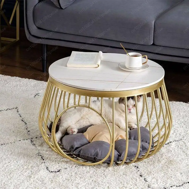 Nordic Glass Coffee Table with Cat Nest Living Room