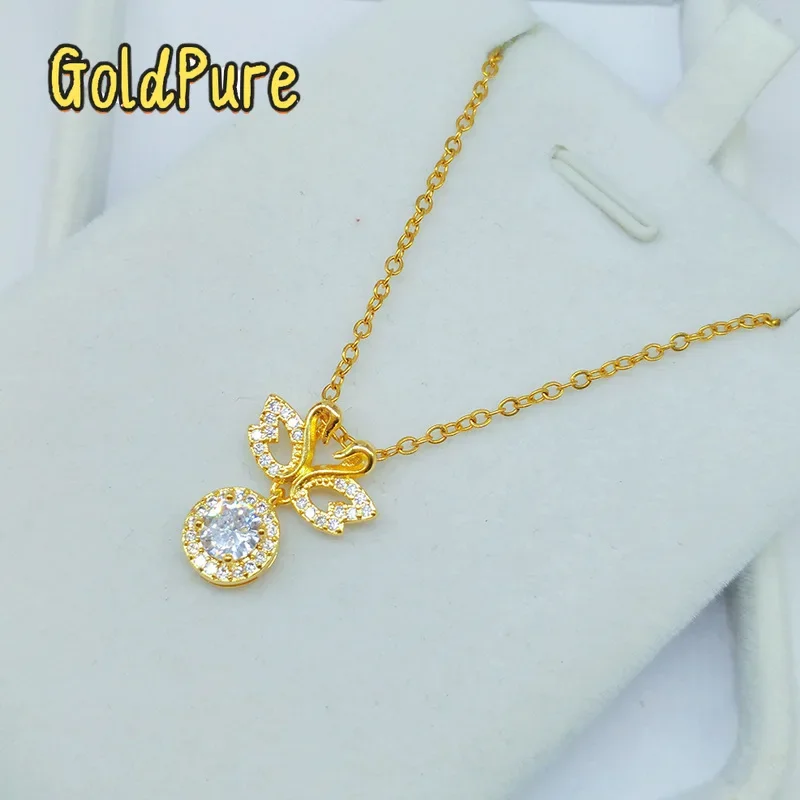 

Золотая цепочка на ключицу Goldpure для женщин, 9999 пробы, 24K, из настоящего золота, с двойным кулоном в виде лебедя, инкрустированным муассанитом, модное ожерелье, подарок для избранных.