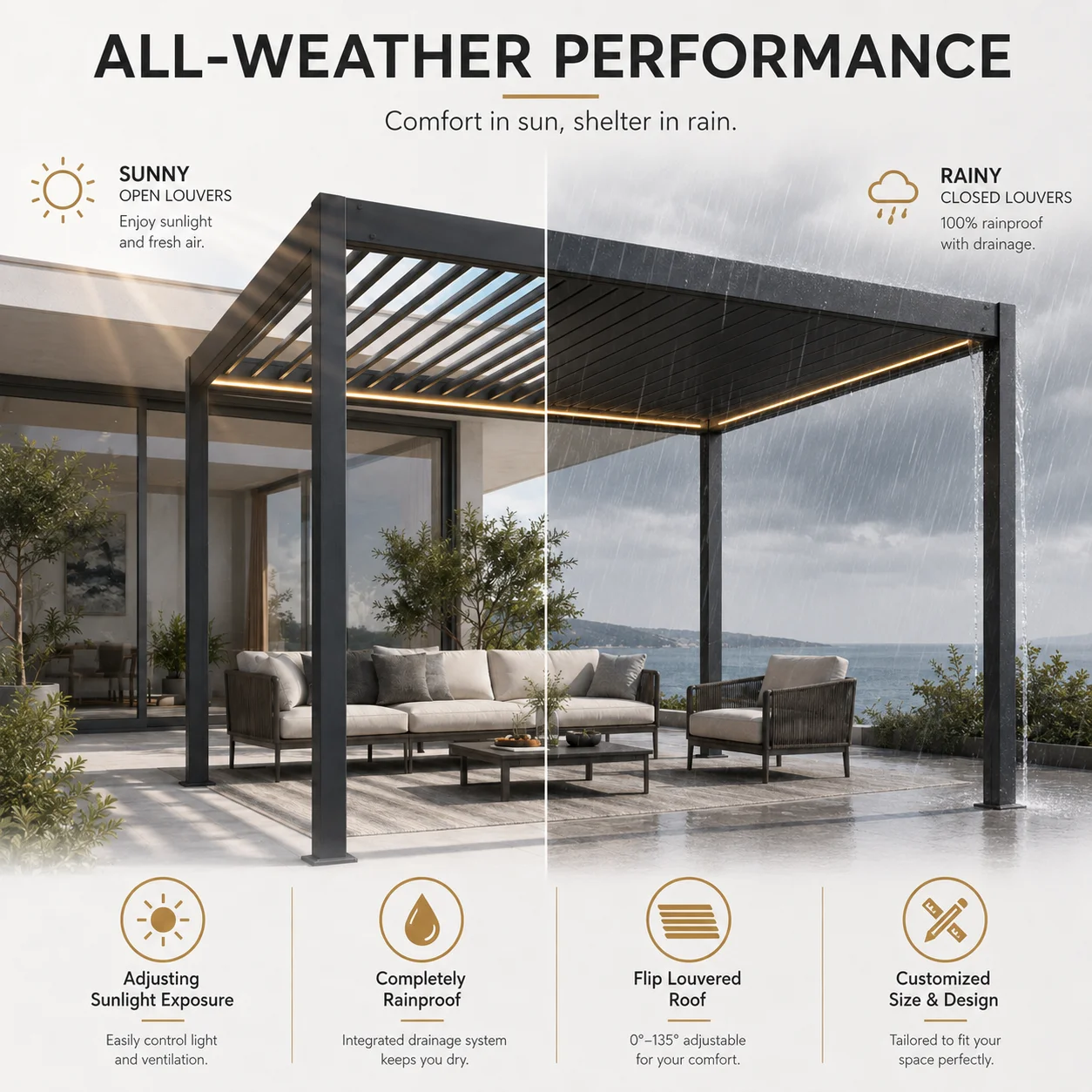 Bioclimatic Aluminum Motorized Louvered Pergola Waterproof Electric Gazebo Patio Garden Sunshade Glass Sliding Roof Custom