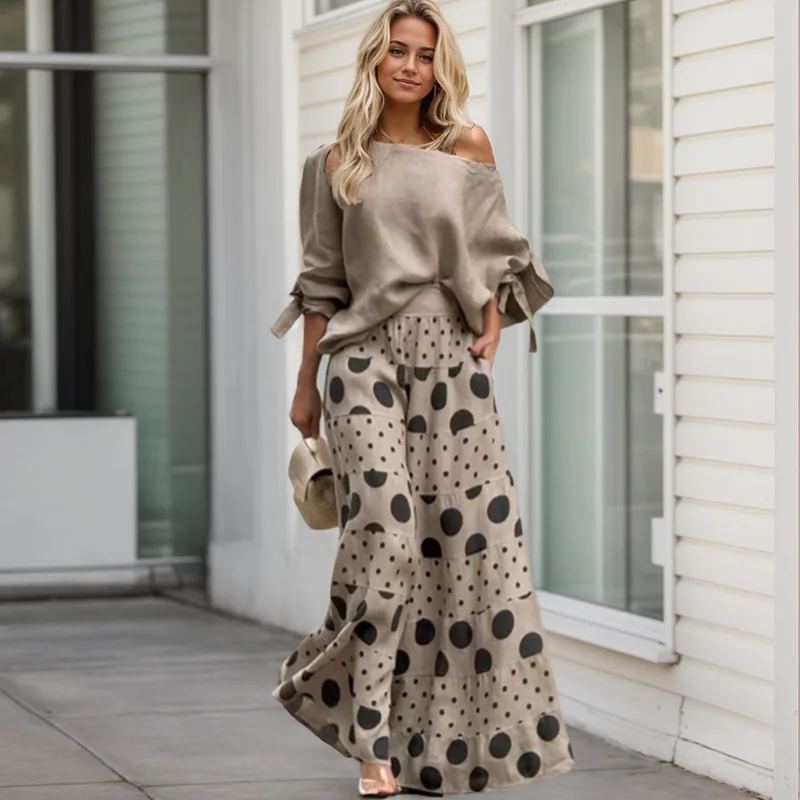 Fashion High Street Outfits Casual Diagonal Neck Hollow Top with Wide Leg Pants Sets Dot Prints Multi-layer Splice Pants Female