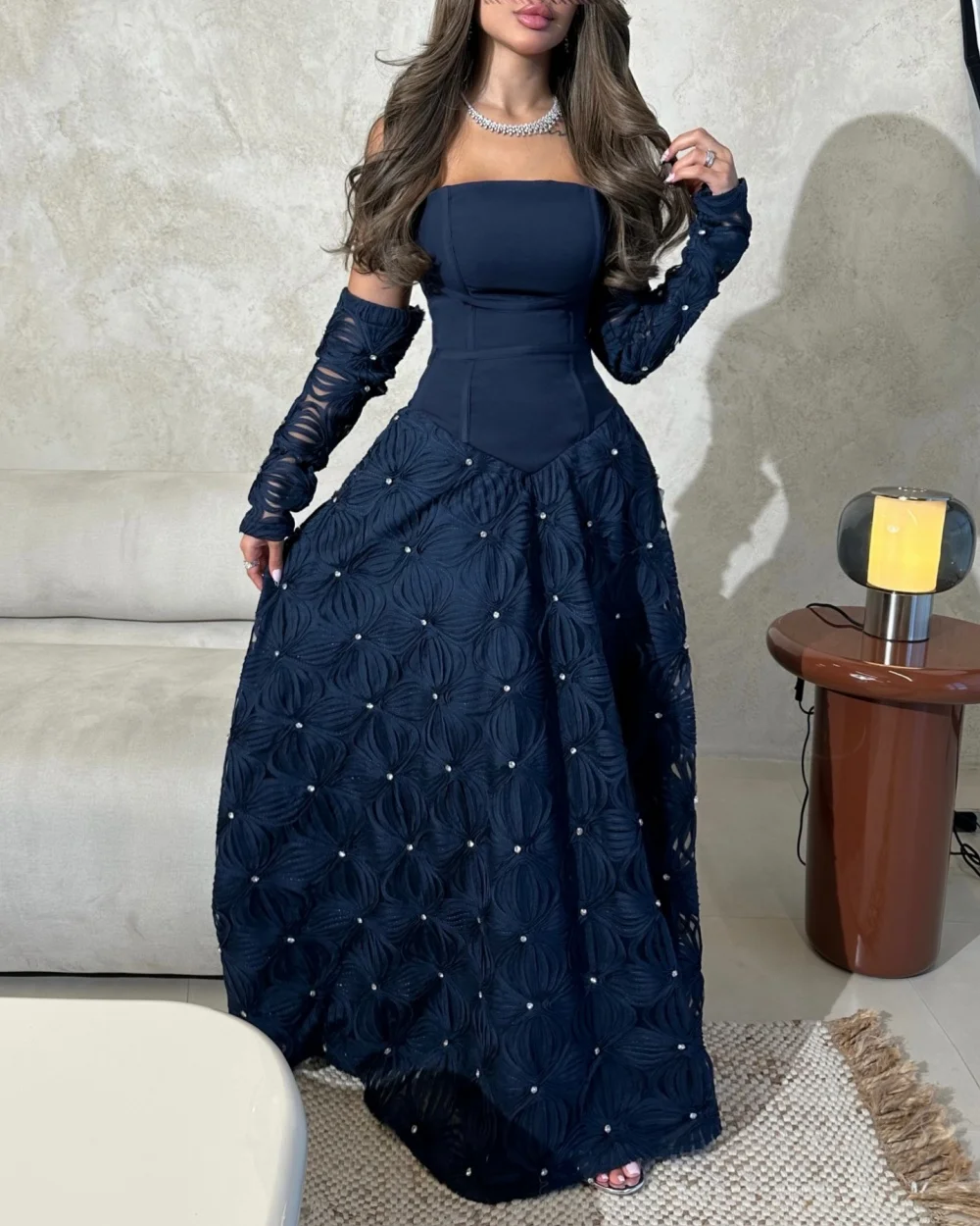 

Customized Modern Style Classic Jersey Rhinestone Pleat A-line Strapless Long Dresses Bespoke Occasion Dresses Fashion Matching