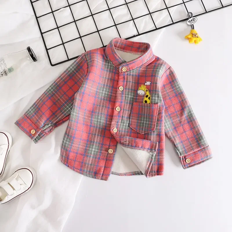 Winter Boys Shirt New Plaid Giraffe Kids Long Sleeve Shirts Children's Cotton Clothes Kids Boy Girls Thicken Blouses Velvet Tops image 3