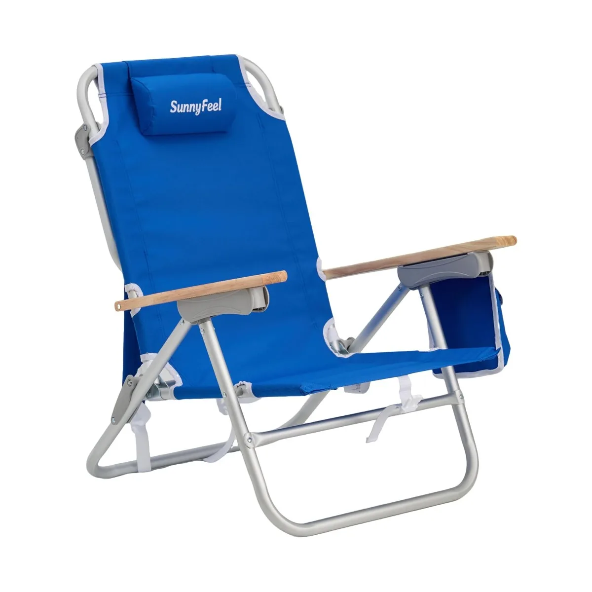 كرسي شاطئ قابل للطي من الألومنيوم، 3 أوضاع، ظهر منخفض ومسند ذراع خشبي، شريط أزرق 300 رطل