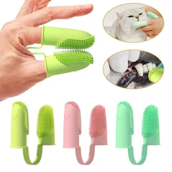 Cepillo de dientes de doble dedo para mascotas, Limpieza de dientes, TPR, súper suave, cuidado del mal aliento, no tóxico, suministros de limpieza para perros y gatos