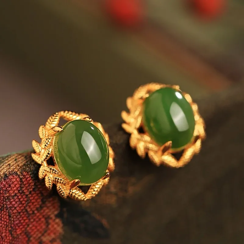 

Court style natural Hotan Jade green earrings for women ancient gold craft exquisite leaf stud earings Banquet Jewelry