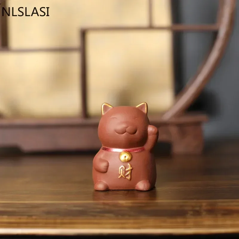 NLSLAISI 1 PCS Yixing Purple Clay Small Tea Pet Lucky Cat Figurine Ornament Boutique Tea Accessories Crafts Home Tea Decoration