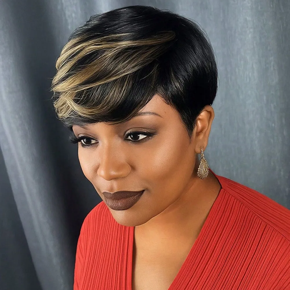 Pixie Cut Human Hair Wig 1B/27 Honey Blonde Machine Made Human Hair Short Wigs for Women Party Daily Wear