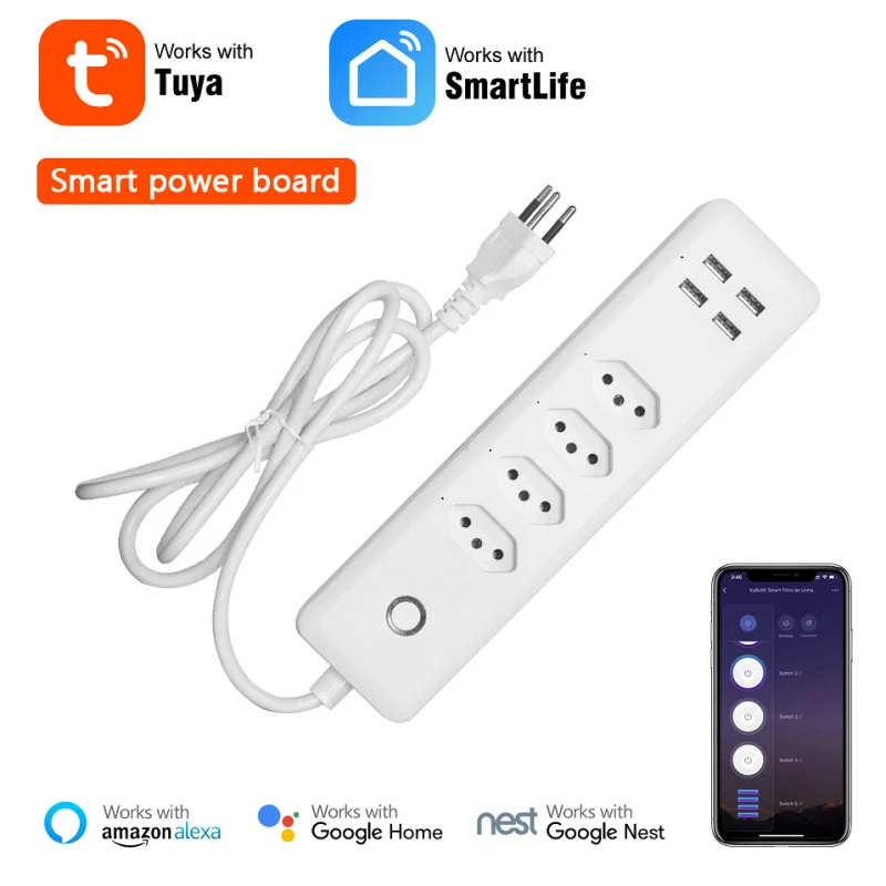 Tuya Wifi Smart Power Strip Outlets Plug 4 Outlets 4USB Ports BR Standard APP Remote Control Timing Work With Alexa Google Home