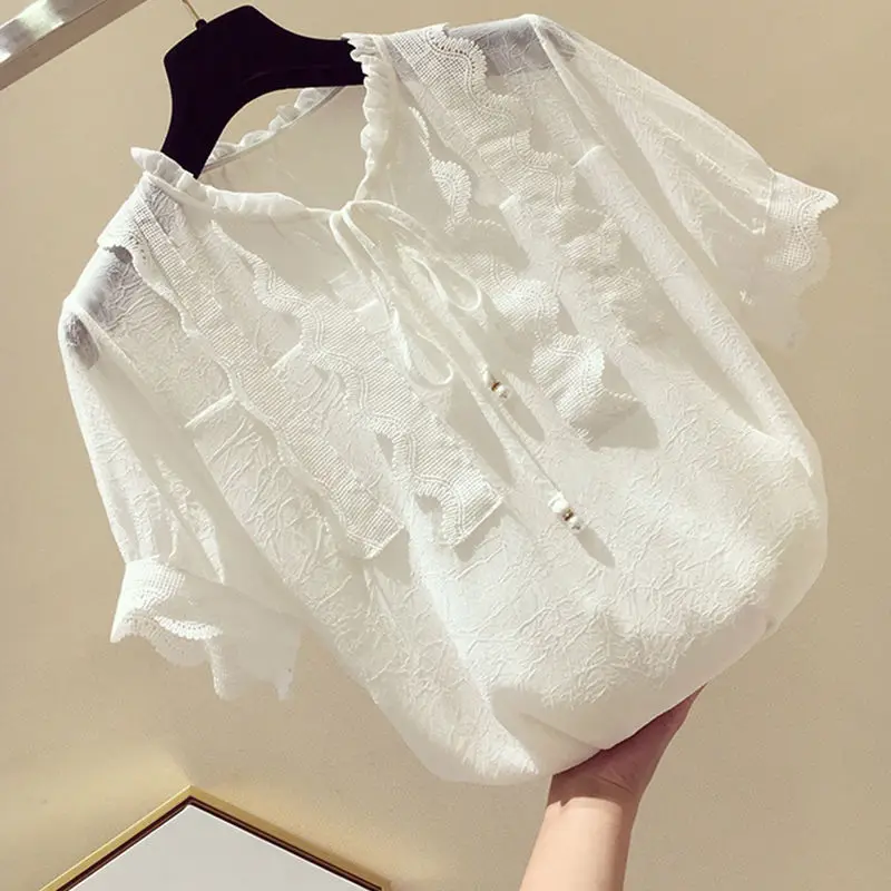 Summer Solid Color Round Neck Chic Blouses Lacing Short Sleeve Chiffon Shirt Women Clothing Fashion Elegant Lace Patchwork Tops