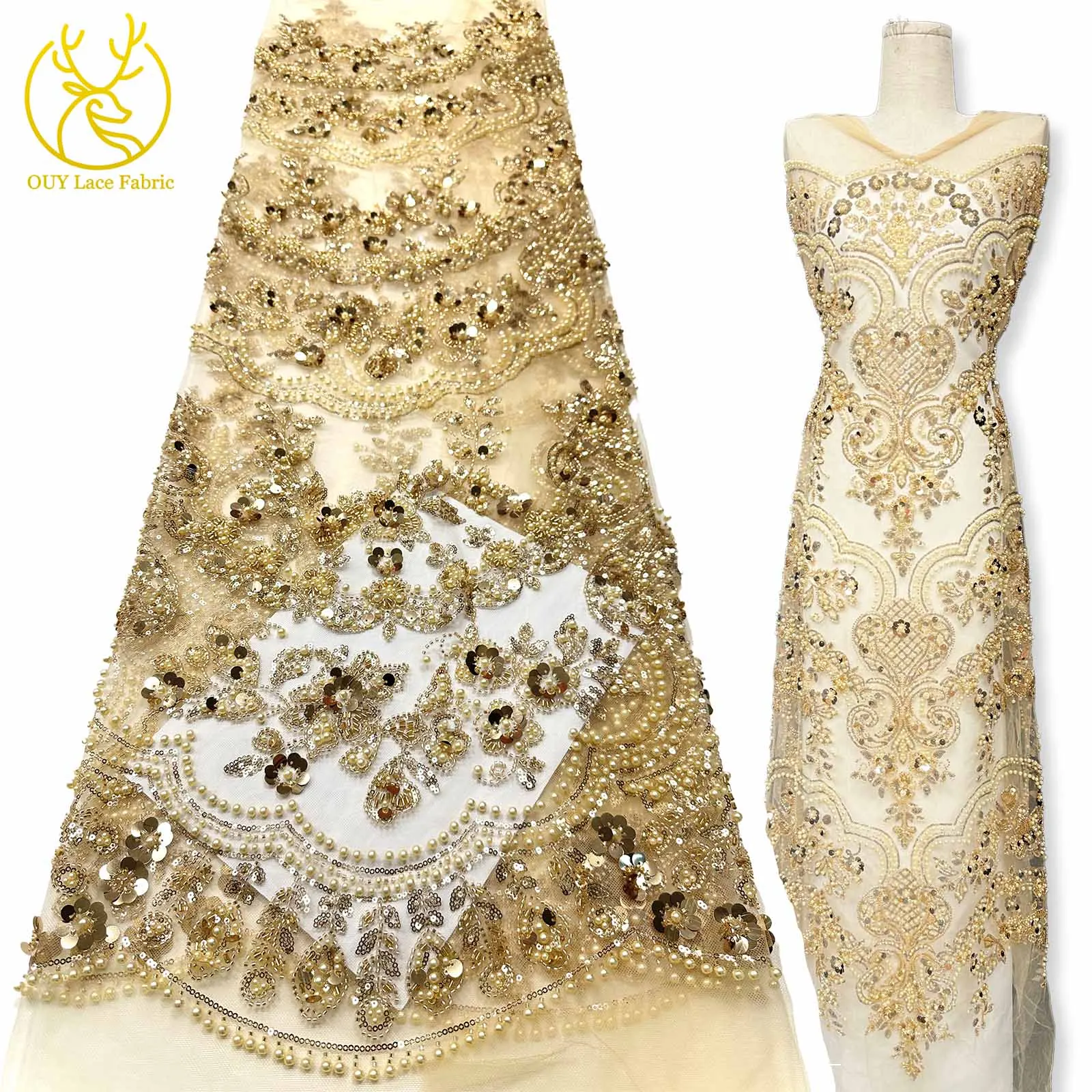 

African Luxury Gold Beaded Lace Fabric 2025 High Quality French Nigerian Mesh Sequin Lace Fabric Ladies Wedding Dress Sewing 5Y