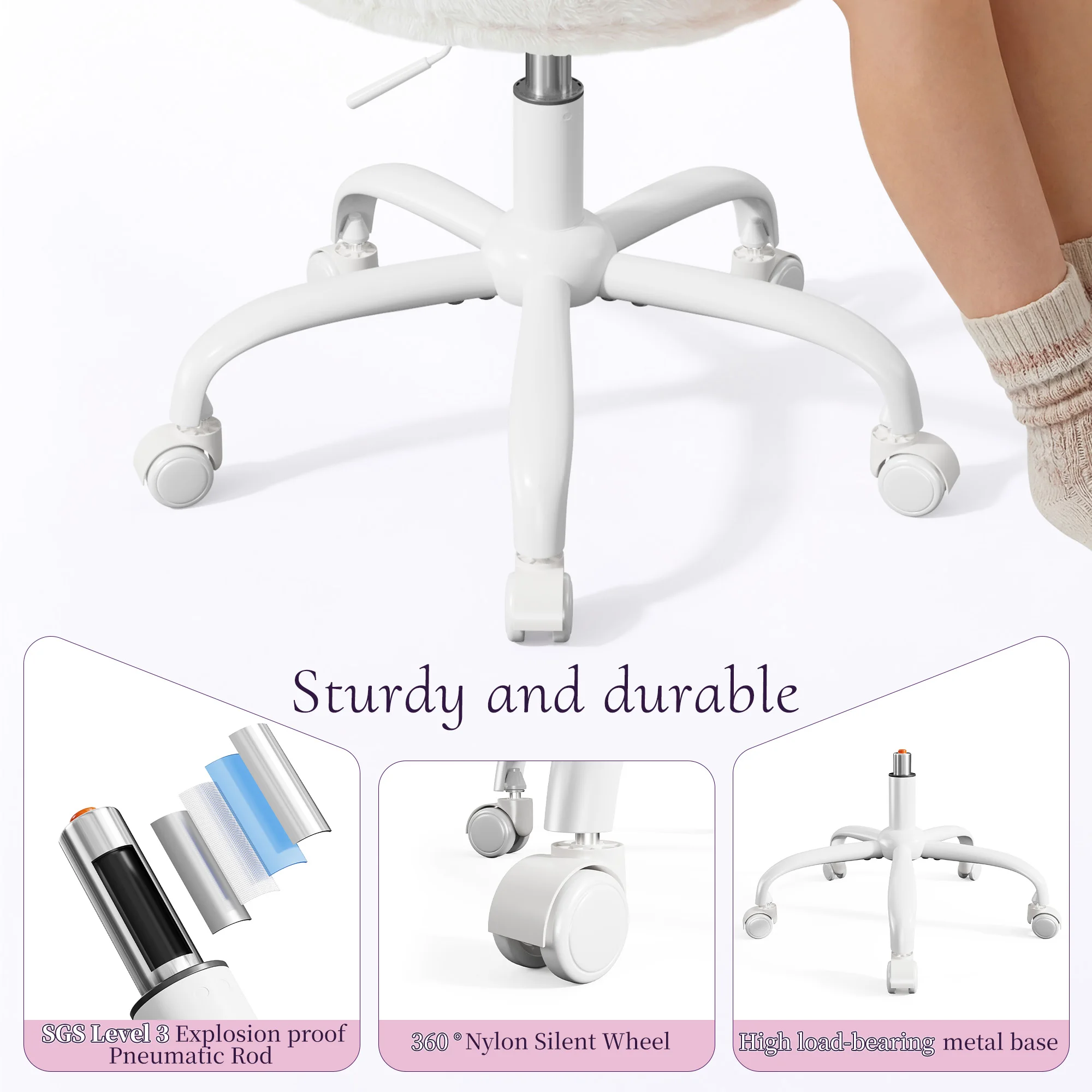 EnHomee  Cute Bow Back Vanity Chair with Wheels, Fluffy Faux Rabbit Fur Desk Chair, Height Adjustable Ergonomic Computer Chair, Portable Makeup Chair for Bedroom Dorm Home Office view 8