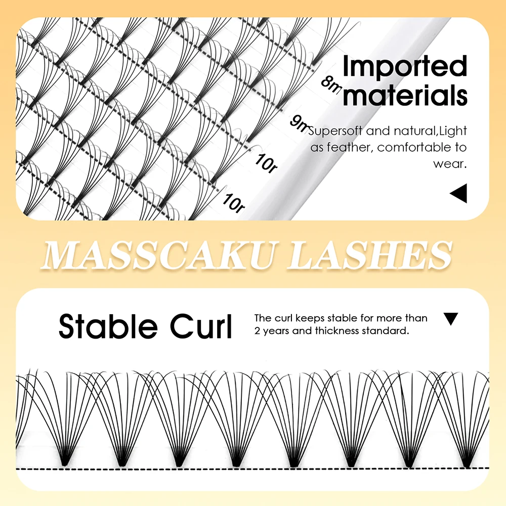 MASSCAKU 12 Rows 5cases/lot 8-15mm and Mix Size Thin Root Lashes Lightweight Short Stem Premade Fans Eyelashes with Rich Styling