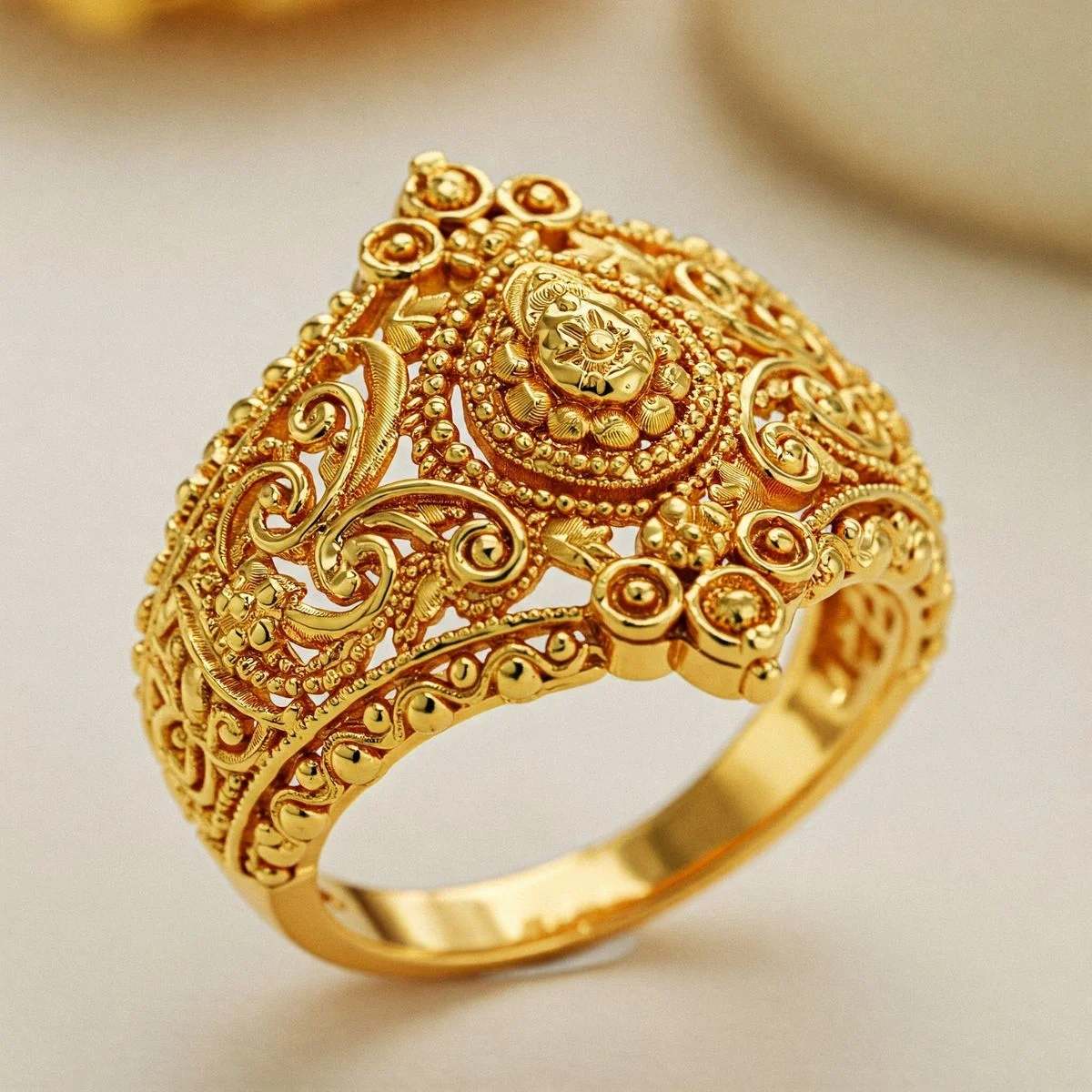 Luxurious hollow-carved engraved crown-shaped copper jewelry ring for women, suitable for formal events.