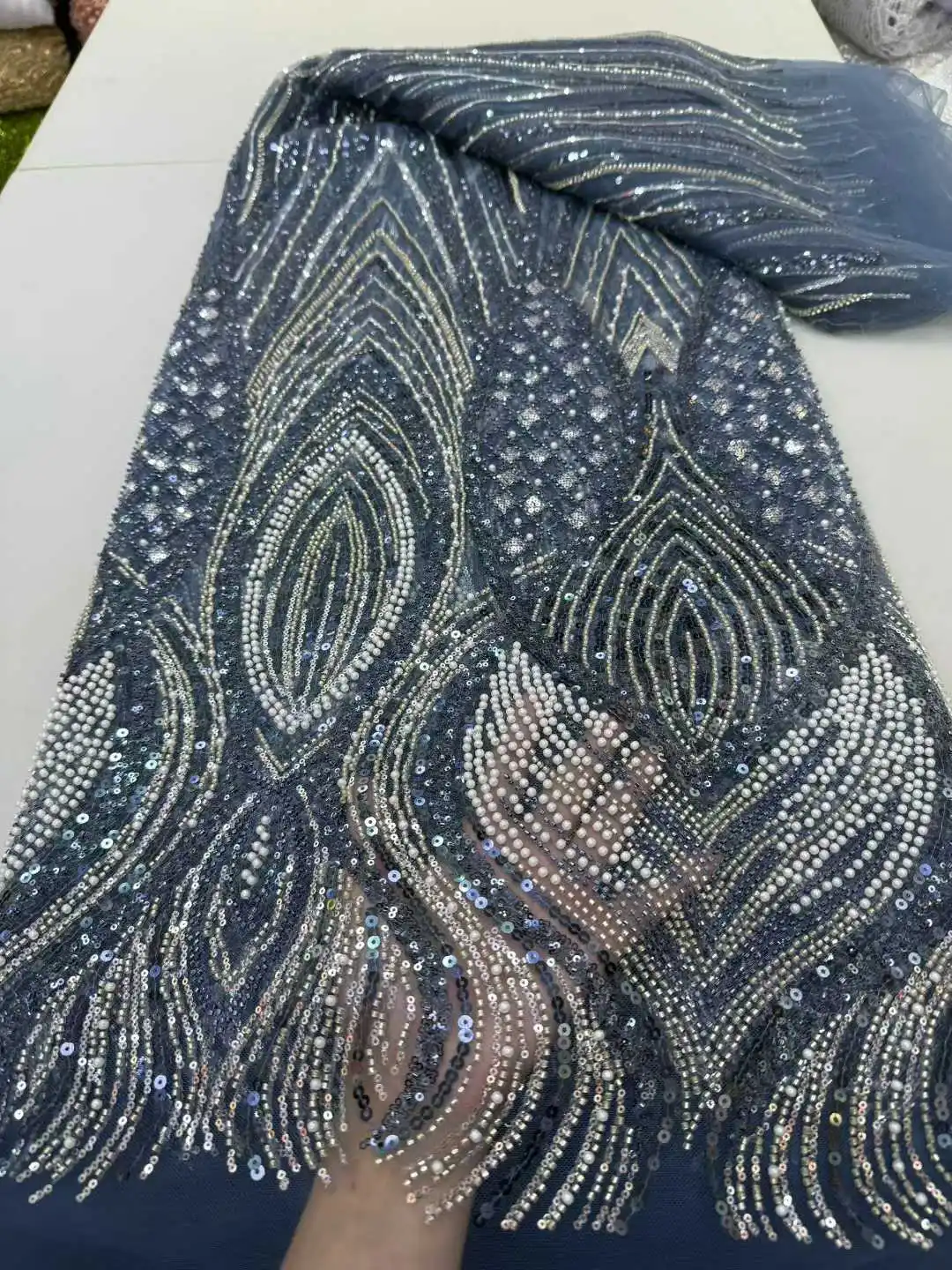 

French African Mesh Beads Lace Fabric 2025 High Quality Lace Nigerian Sequins Tulle Lace Fabric African Lace Fabrics For Wedding