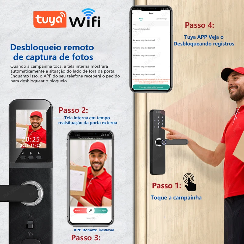 Fazer brasil raykube k12 tuya wifi câmera fechadura eletrônica 3d rosto impressão digital fechadura da porta inteligente com tela bateria