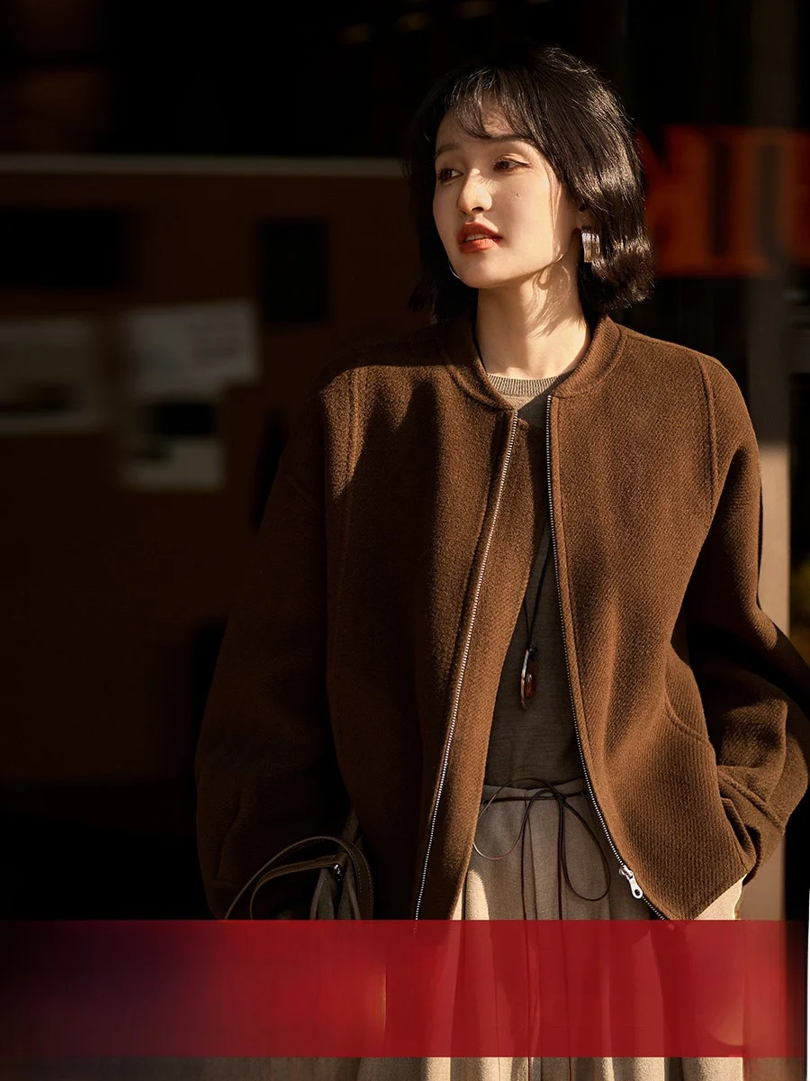 

Evening Warm Glow Double-Sided Large Herringbone Woolen Baseball Collar ort Coat Casual Outerwear Women's New Sle OL Sle