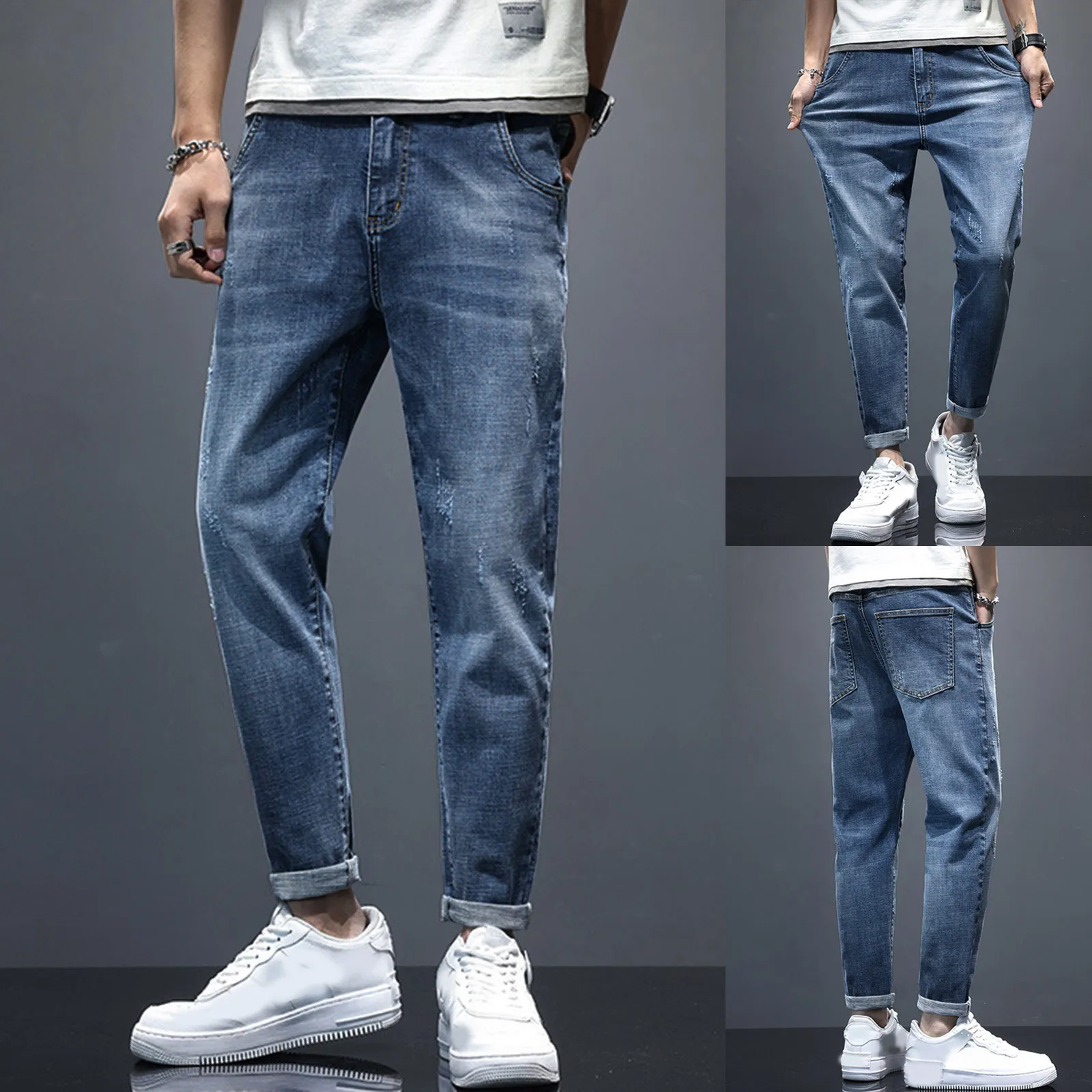 Mens Autumn Winter Casual Pant Sports Pants With Pocket Fashion Jeans Nine Points Pants Casual Slip