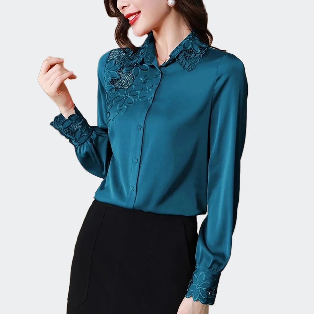 Korean Silk Shirts Women Sexy Hollow Out Embroidery Blouses Office Lady Long Sleeve Shirts Basic Tops Blusas Mujer De Moda 2024