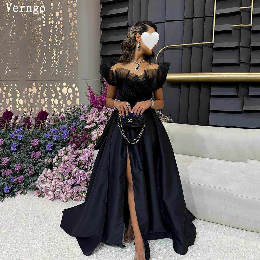 

Verngo Black Satin Evening Dresses Off The Shoulder A Line Side Slit Prom Gowns Woem Saudi Arabic Prom Party Dresses