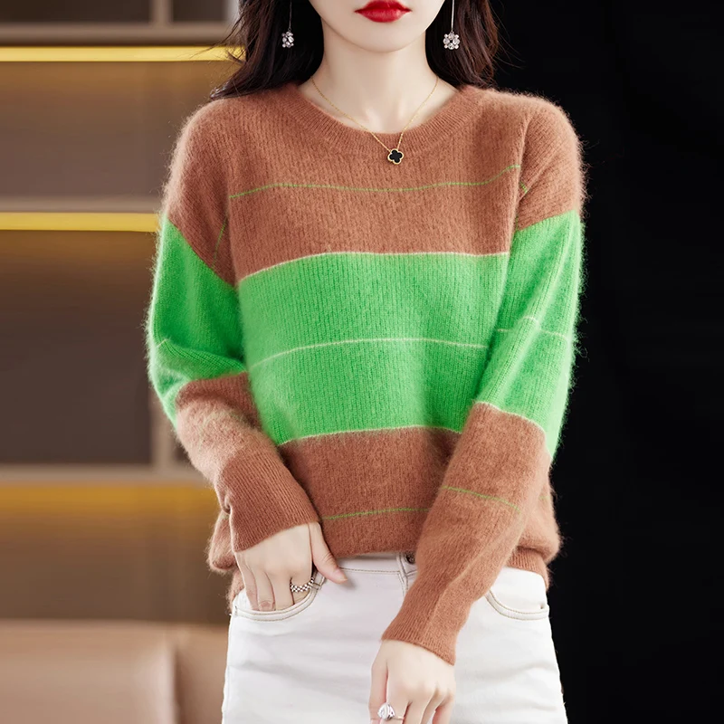 2023 Autumn/Winter Women's Sweater 100% Mink Cashmere Knit Sweater Round Neck Color Striped Loose Long Sleeve Thick Pullover Top