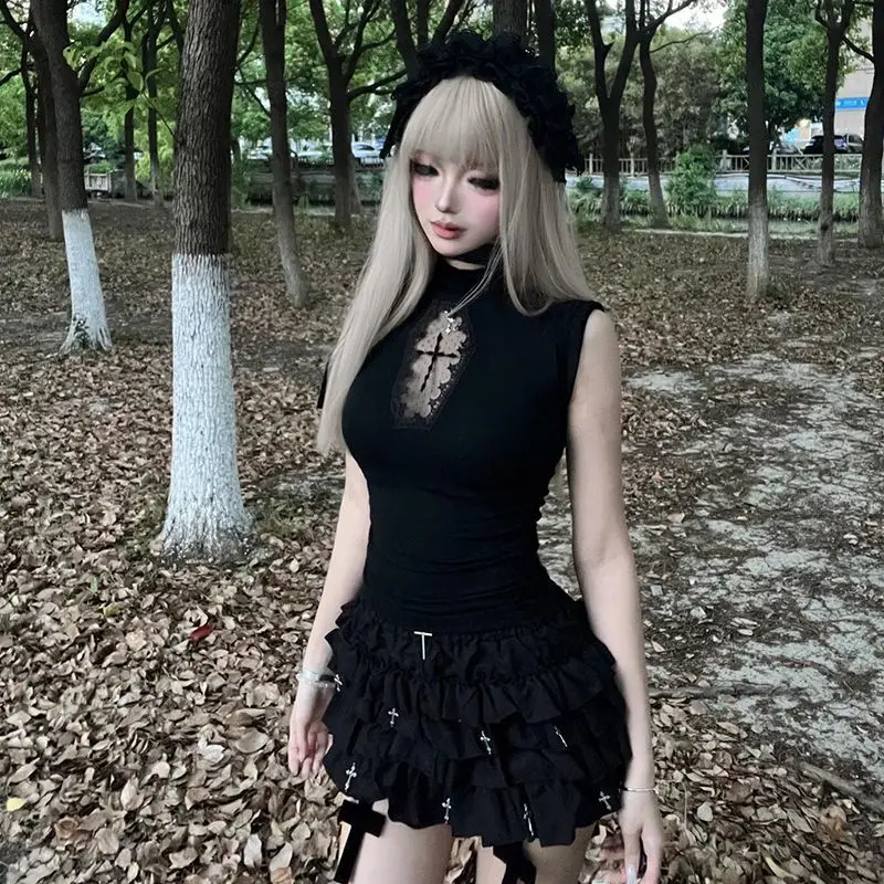 Sexy Woman Y2k Clothing Goth Cross Hollow Out Tshirt Slim Punk 2000s Hot Girl Lace Long Sleeves High Collar Harajuku Vintage Top