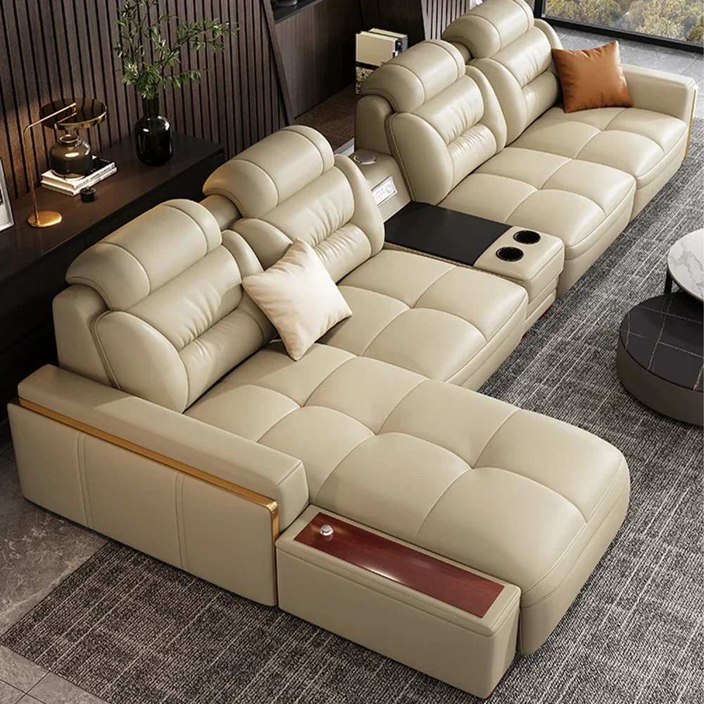 Premium Italian Genuine Leather Sectional Sofa Sets Couch Sofas with USB and Bluetooth Speaker  Living Room Furniture