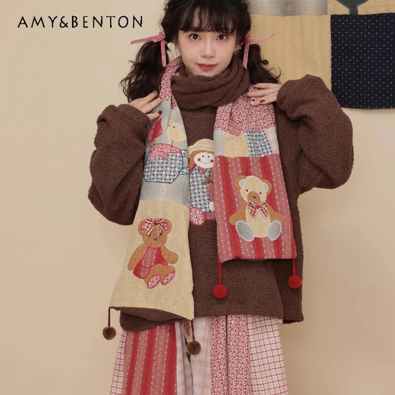 

2025 Autumn Winter New Retro Design Colorful Cute Plaid Splicing Animal Embroidery Floral Pom-Pom Versatile Warm Scarf Ladies