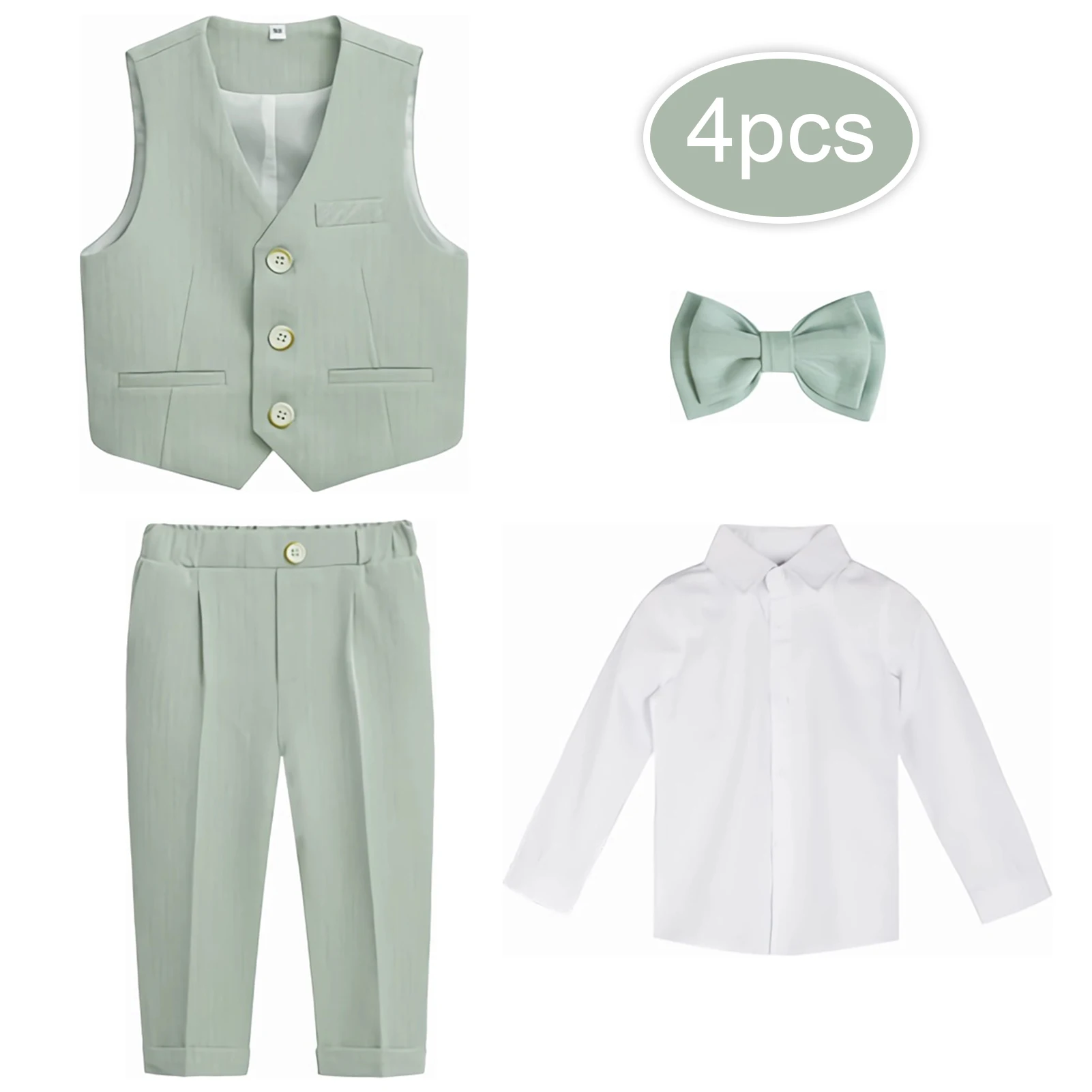 4-Piece Boys Gentlemen Suit Kids Blazers Shirt Vest Bow SetTrousers Outfit Children's Casual Wedding/Party Formal Wear for 2-11T