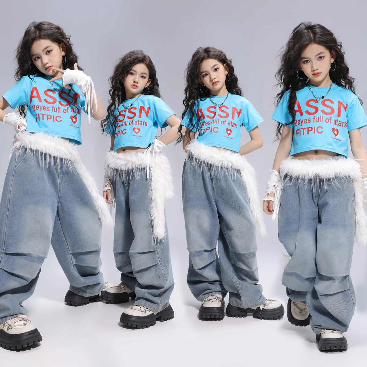 

Hip Hop Girls Crop Tops Denim Cargo Pants Child Jazz Joggers Streetwear Sweatshirt Kids Street Dance Cheerleader Clothes Sets