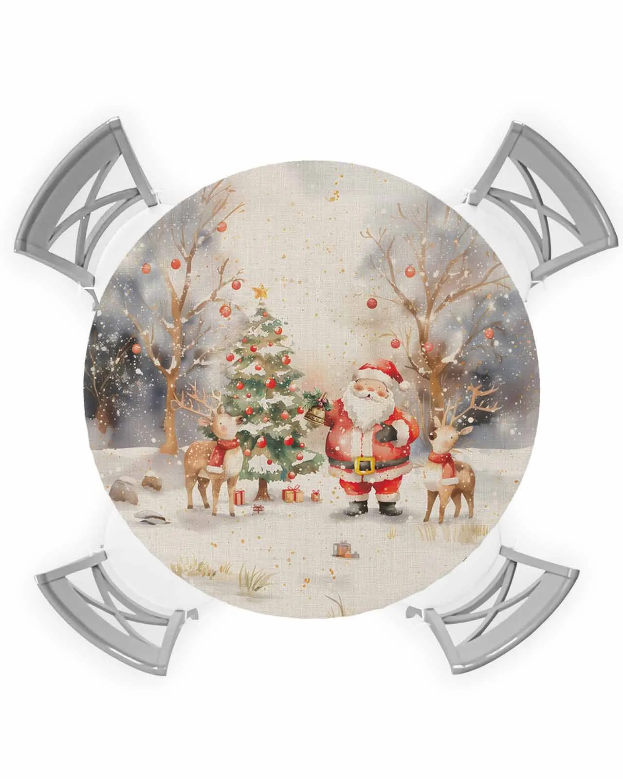 Christmas Tree Santa Claus Reindeer Snow Scenery Round Elastic Edged Table Cover Protector Cloth Waterproof Fitted Tablecloth