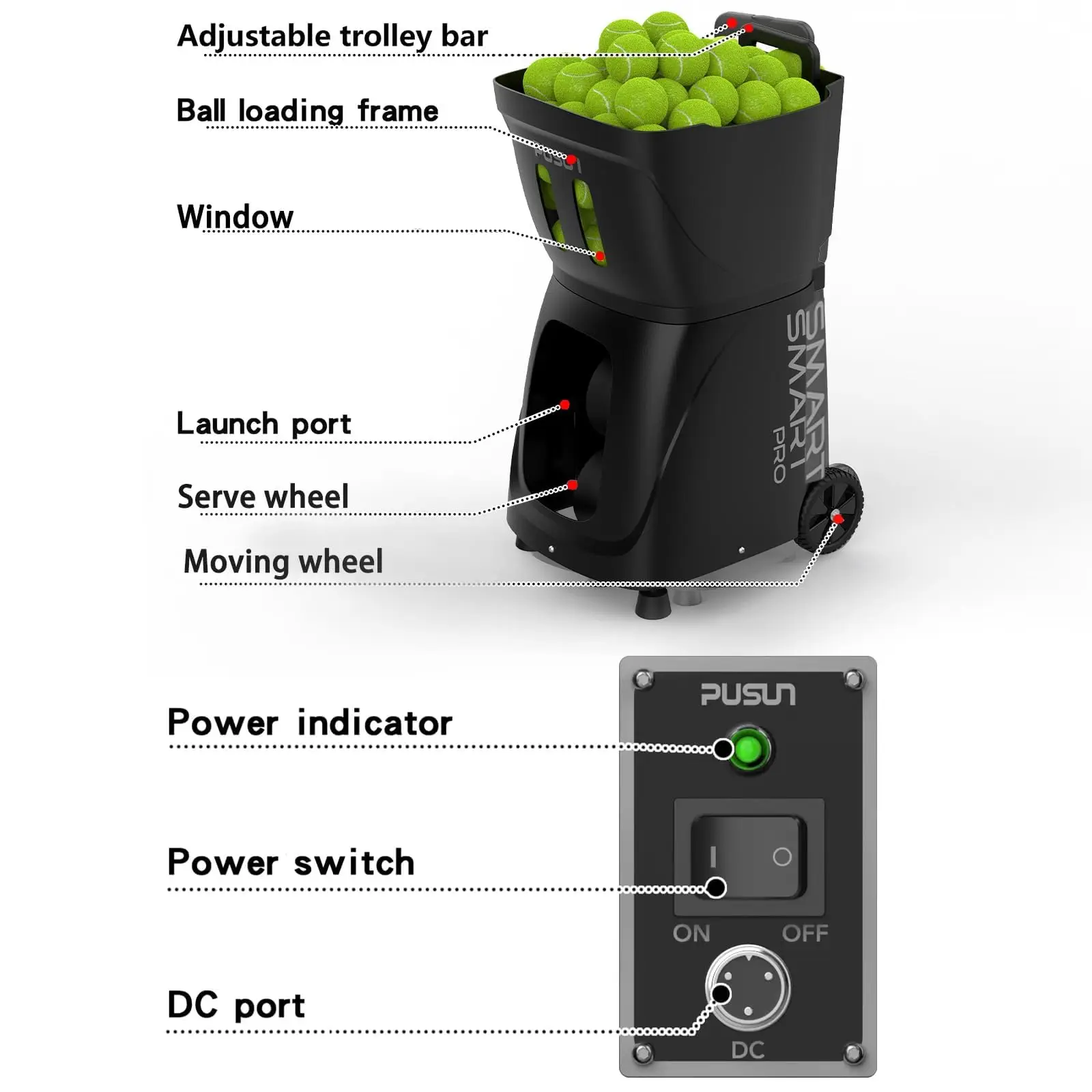 آلة كرة التنس PT-SAMRT Pro-Internal Spin - التحكم الذكي في التطبيقات - سعة 100+ كرة - معدات التدريب الاحترافية - حقيقية