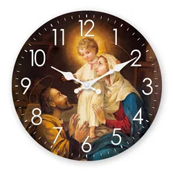 Religious Nativity Scene God and Virgin Mary Pattern Wooden Wall Clock Living Room Bedroom Kitchen Home Decoration Silent Quartz Clock Holiday Gift 10 Inches 12 Inches 14inch 16inch (No Battery)