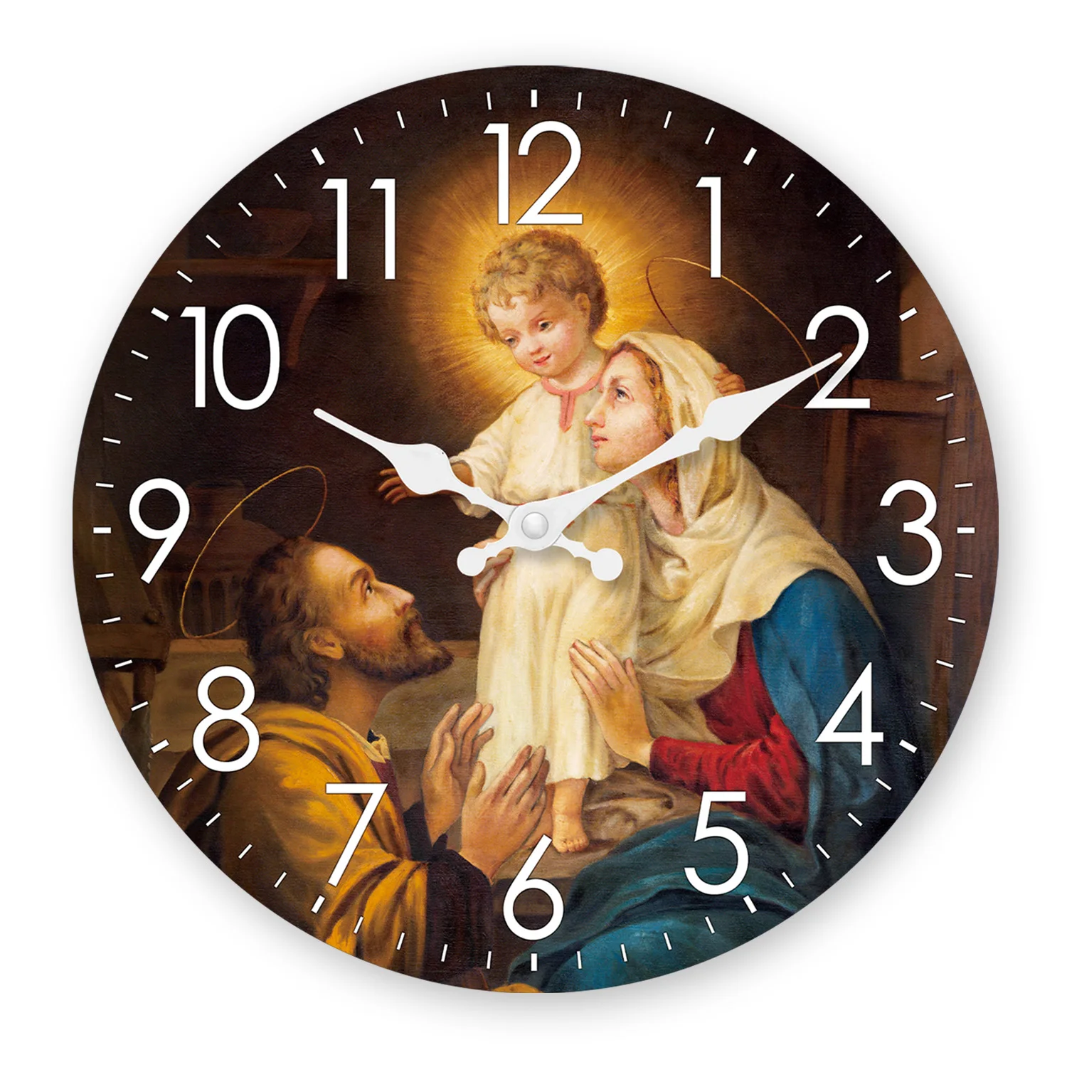 Religious Nativity Scene God and Virgin Mary Pattern Wooden Wall Clock Living Room Bedroom Kitchen Home Decoration Silent Quartz Clock Holiday Gift 10 Inches 12 Inches 14inch 16inch (No Battery)