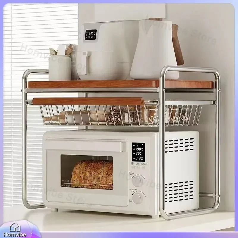 Retractable Microwave Oven Storage Rack Drawer Type Standing Metal Kitchen Organizer Shelf for Spices Pots Cookware Utensils