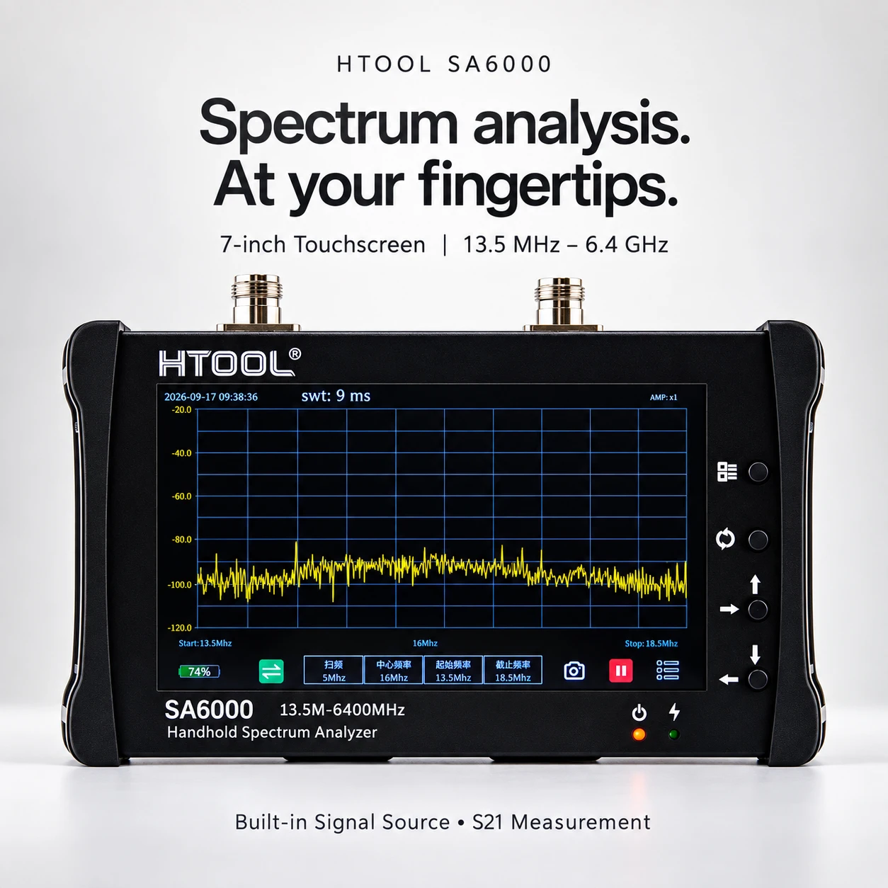 HTOOL SA6000 Portable RF Spectrum Analyzer 7 Inch Touchscreen 13.5MHz-6.4GHz with Signal Source S21 Testing