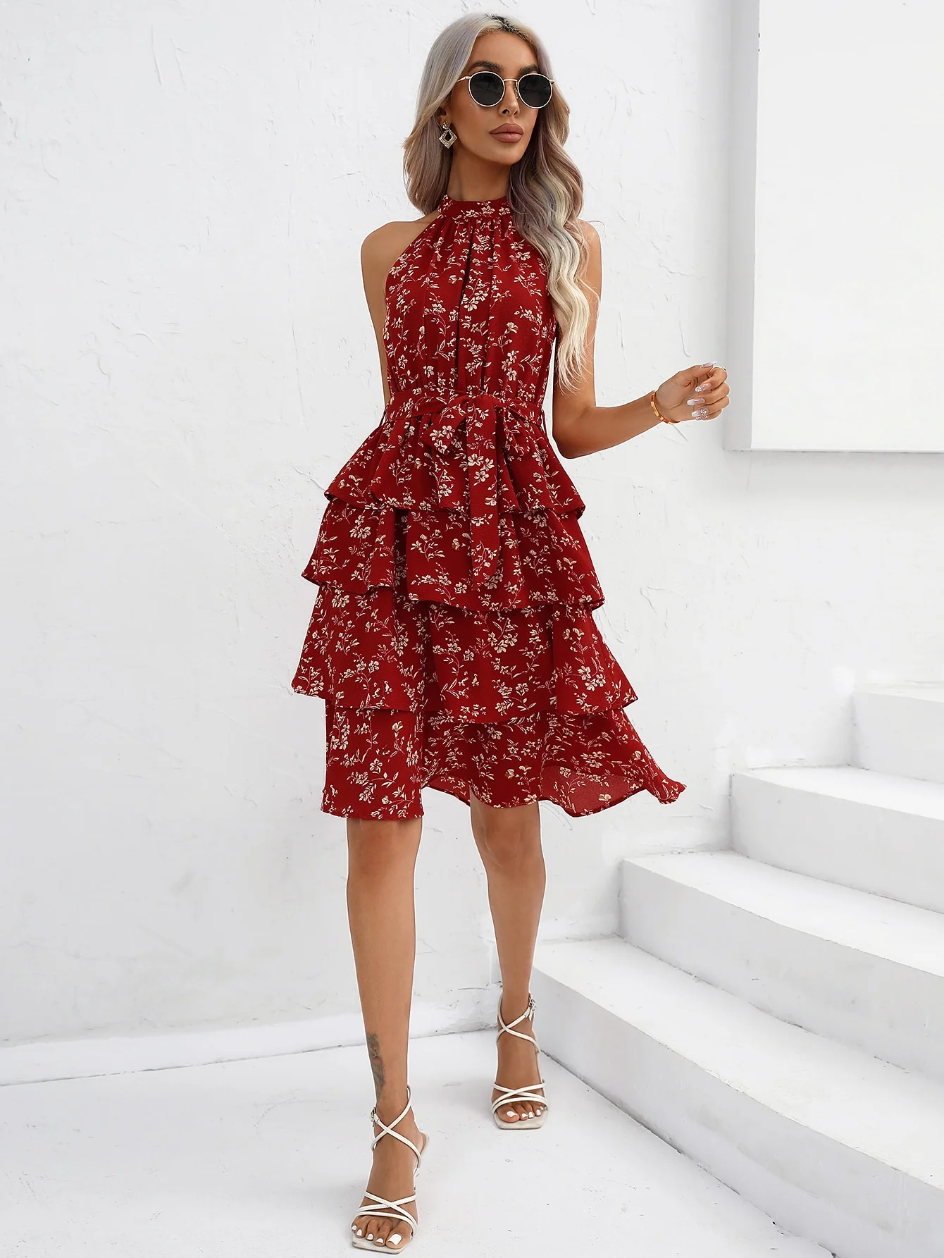 Robe Sexy rouge à volants, épaules dénudées, jupe gâteau sans bretelles, col licou, robe pour occasions spéciales pour femmes