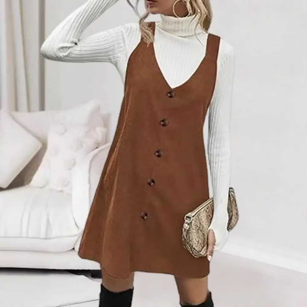 

V-neck Dress Sweet Style V Neck Suspender Dress With Button Decor For School Dating A-line Mini Dress For Women Pure Color