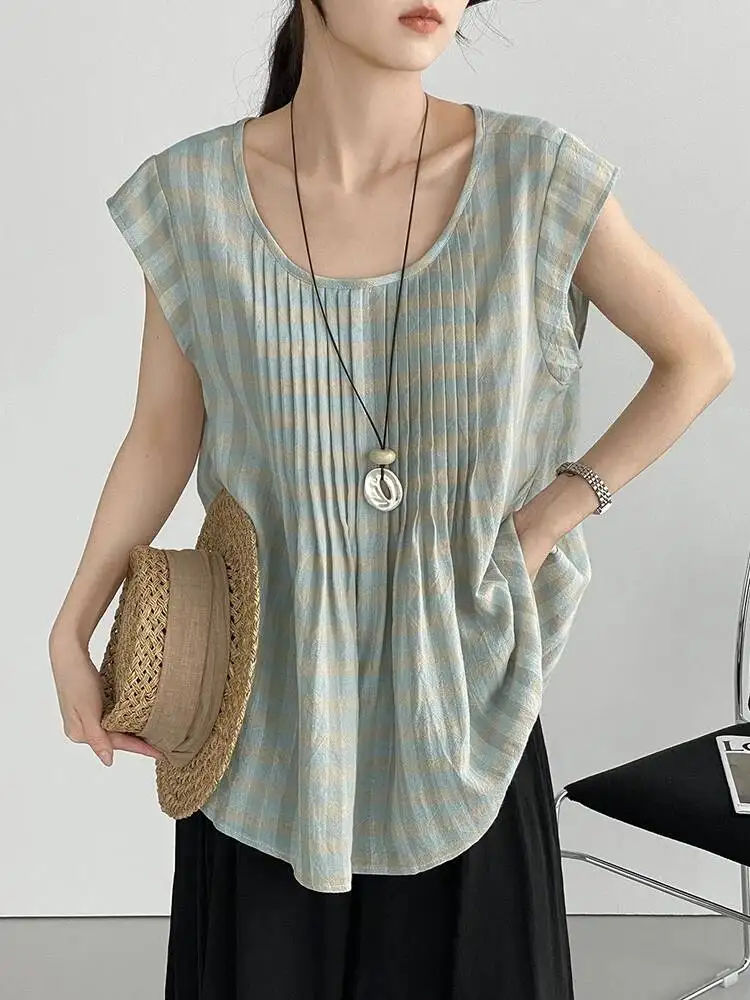 Women Blue Plaid Linen Pleated Tank Tops New Round Neck Sleeveless Personality Fashion Tide Spring Summer