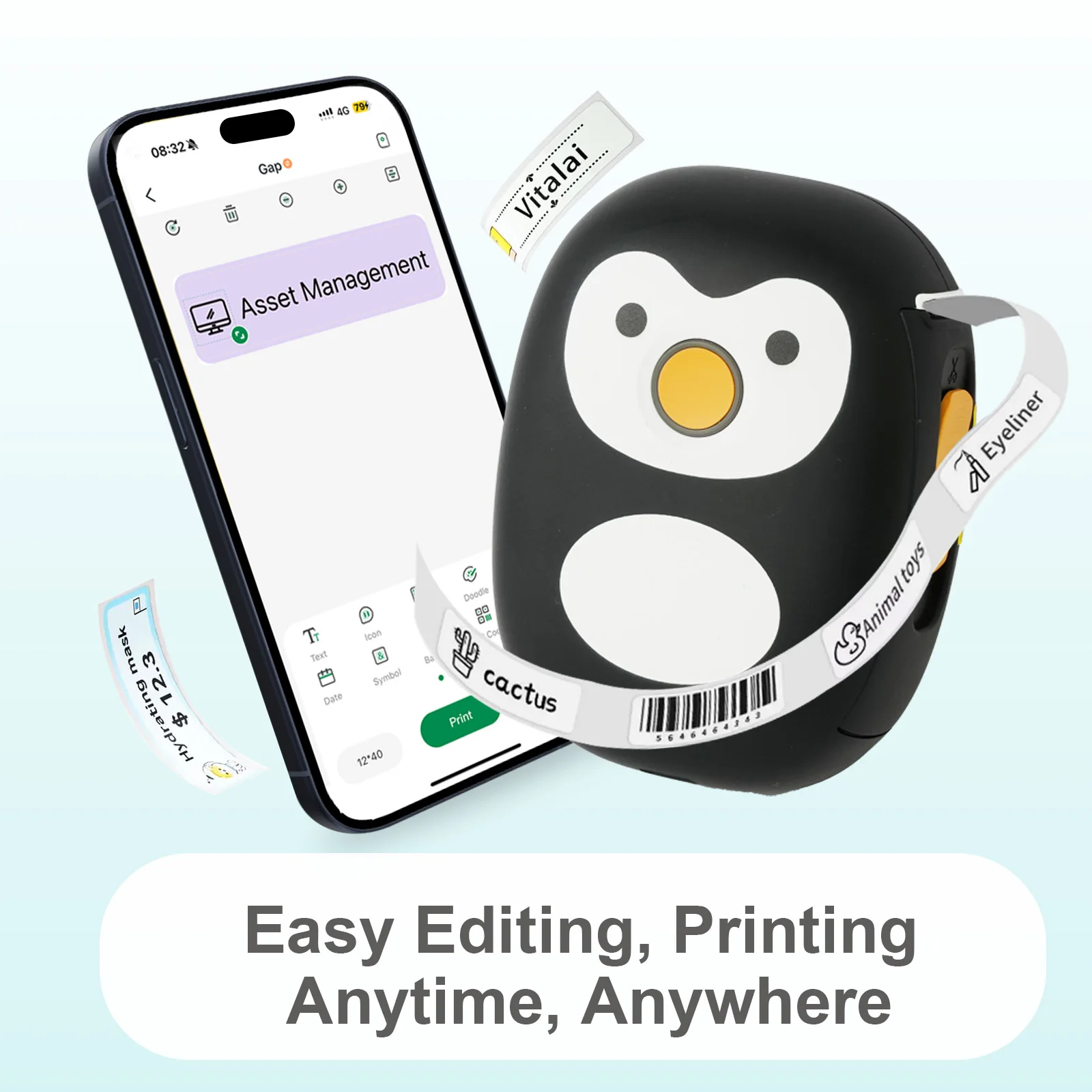 طابعة ملصقات حرارية صغيرة محمولة تعمل بالبلوتوث صانع الملصقات اللاسلكية آلة طابعة بدون حبر مع 1 لفة ورق ملصقات قابل للالتصاق