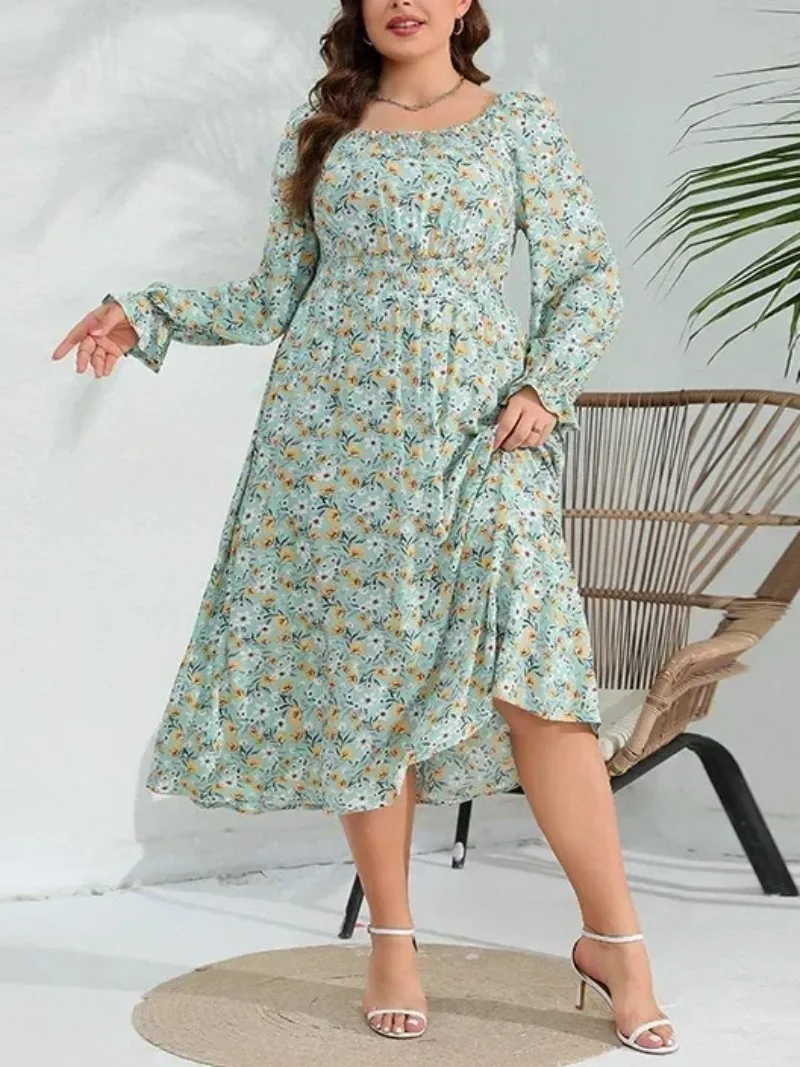 Spring New Elegant Fragmented Flower Dress with Lotus Leaf Sleeves Plus Size Fat Sister Long Dress