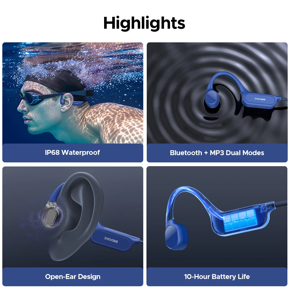 DOOGEE BoneBeat Swim Lite Bone Conduction Headphones Bluetooth 5.4 10 Hours Battery Life IP68 Waterproof Sports Headphones