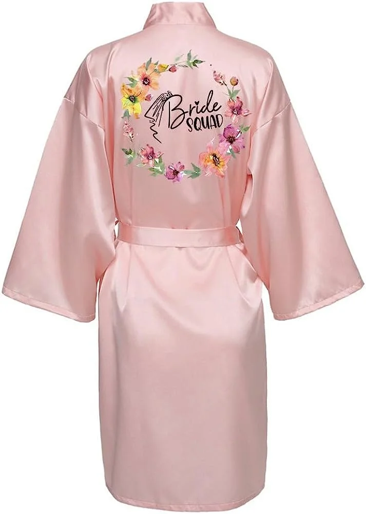 Women Silk Satin Short Night Printing Robe Kimono Robe Fashion Bath Robe Sexy Bathrobe Femme Wedding Bride Bridesmaid