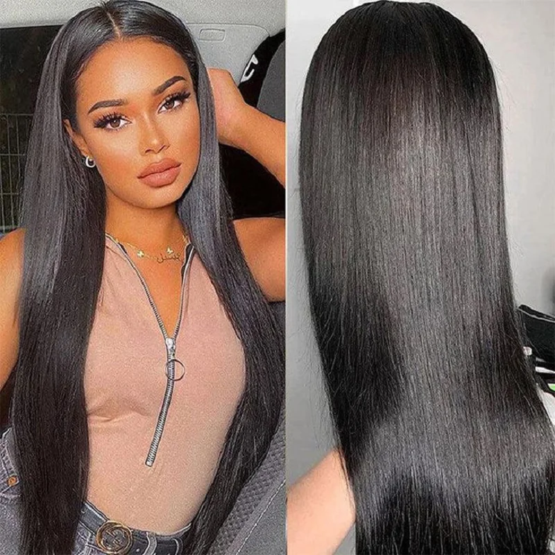 

Gluelesss 180%Density 32inch Natural Black Silky Straight 13*6 Big HD Lace Human Hair Wig For Women With BabyHair Preplucked