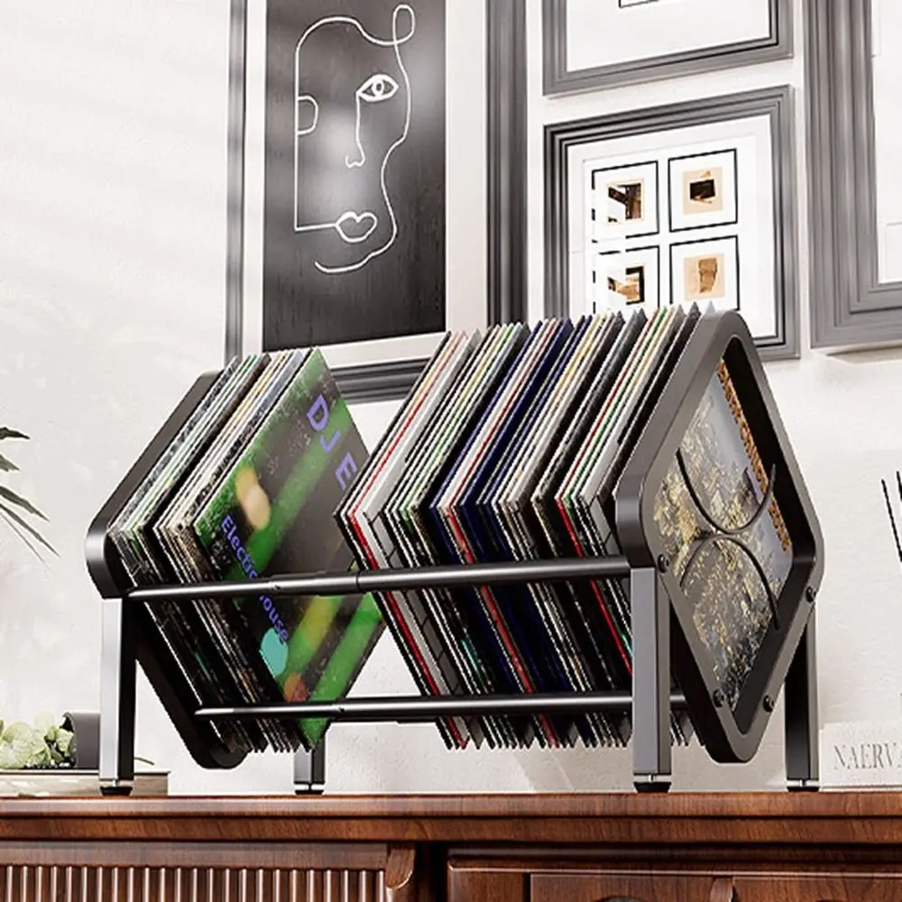 

Carbon Steel Vinyl Record Holder Large Capacity Black Single Tier Record Holder Adjustable Anti-slip CD Record Display for Home